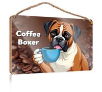 Hanging Wood Home Wall Sign Boxer Dog Drinking Coffee. Funny Wood Hanging Sign Door Decor Sign(20X30CM)