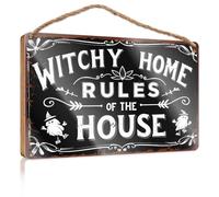 Hanging Wood Home Wall Sign Witchy Home Rules of The House Wooded Sign Funny Wood Hanging Sign Door Decor Sign(15X28CM)