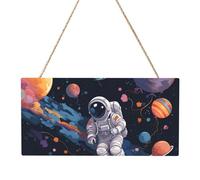 Hanging Wood Sign Astronaut Space Flight Rectangle Hanging Decorative Wood Plaque Wooden Slices Banners with Ropes for Halloween Christmas Holiday Home Decor