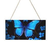 Hanging Wood Sign Blue Butterfly Rectangle Hanging Decorative Wood Plaque Wooden Slices Banners with Ropes for Halloween Christmas Holiday Home Decor