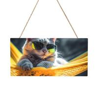 Hanging Wood Sign Cat in Hammock Rectangle Hanging Decorative Wood Plaque Wooden Slices Banners with Ropes for Halloween Christmas Holiday Home Decor