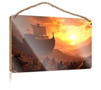 Hanging Wooden Sign DIY A Large Ship Sails Into A Sunset, Surrounded By A Crowd of People On A Hillside Garden Gifts Funny Hanging Farm Interesting Sign(20X30CM)