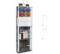 Hanging Yarn Storage Organiser Unit with 4 Large Pockets Clear Knitting Organizers Storage with Zippers Over-Door Hooks Wool Storage Bag for Knitting Needles, Crochet Hooks, Sewing Balls (Gray)