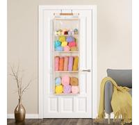 Hanging Yarn Storage with 4 Large Pockets, Clear Knitting Organizer Storage with Zippers for Crochet Lovers, Hanging Yarn Holder with Over-Door Hooks for Crochet Hooks Knitting Needles(Beige)