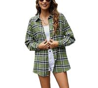 HangNiFang Flannel Plaid Shirts for Women Oversized Button Down Shirts Blouse, Army Green, XL