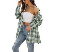 HangNiFang Flannel Plaid Shirts for Women Oversized Button Down Shirts Blouse, Light Green, S