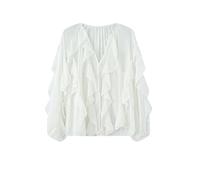 HangNiFang Ruffled Multi-Layered Summer Blouse for Women Trendy Semi See Through V-Neck Long Sleeve Button Chiffon Shirt Tops, White, XS