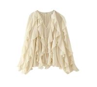 HangNiFang Ruffled Multi-Layered Summer Blouse for Women Trendy Semi See Through V-Neck Long Sleeve Button Chiffon Shirt Tops, Beige, S