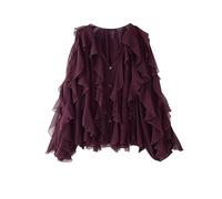 HangNiFang Ruffled Multi-Layered Summer Blouse for Women Trendy Semi See Through V-Neck Long Sleeve Button Chiffon Shirt Tops, Wine Red, M