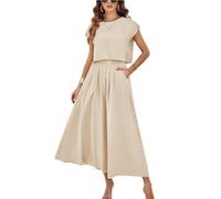 HangNiFang Summer Skirt Sets Women 2 Piece Outfits Cap Sleeve Top Elastic Waist Lightweight Maxi Dress Sets with Pockets, Khaki, S