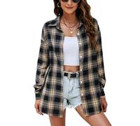 HangNiFang Womens Flannel Plaid Shirts Oversized Lightweight Button Down Shirts Blouse, Khaki, L