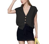 HangNiFang Womens Summer Knit Cardigan Vest V Neck Cap Sleeve Golden Button Sweater Tops, Black, L