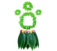 HANGNUO 5 PCS Hula Skirt Hawaiian Costume Set with Green Leaves Necklace Bracelets Headband, Luau Party Favors for Adults Women and Men