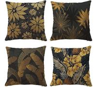 Hangood Waterproof Cushion Cover Home Garden Outdoor Set of 4pcs Throw Pillow Case Living Room Chair Sofa 18x18 inch Pillowcase Black and Gold Leaves 45x45cm 4S004