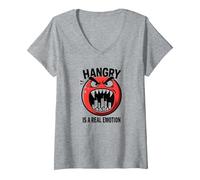 Hangry is a Real Emotion: Funny Food Mood Monster V-Neck T-Shirt, Women, Heather Grey, XL