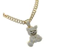 Hangsu Trendy Bear Pendant Necklace Mens Cuban Link Chain Choker Bling Diamonds Neckchain Rhinestones Clavicle Chain Jewelry Gold Plated Necklace