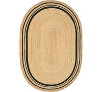 HANIESTA Soft Horizon Jute Rug Oval 120x170 cm, Handmade 100% Natural Jute Woven Rug, Nature/Anthracite Low-Pile Area Rug for Living Room, Bedroom, Hallway & Entryway