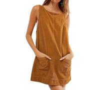 HaniLav Womens Sleeveless Corduroy Overall Dress Round Neck A Line Jumper Mini Dress Pinafore with Pockets, Orange, L