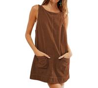 HaniLav Womens Sleeveless Corduroy Overall Dress Round Neck A Line Jumper Mini Dress Pinafore with Pockets, Brown, XL