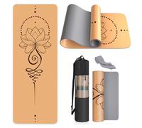 Haninj Cork Yoga Mat Non Slip Unique Design Natural Cork Tpe Material Fitness Exercise Mat with Carry Bag and Strap For Home, Pilates,Aerobic,Gym & Workout 72 X 24 (Grey-Lotus)