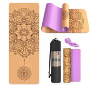 Haninj Cork Yoga Mat Non Slip Unique Design Natural Cork Tpe Material Fitness Exercise Mat with Carry Bag and Strap For Home, Pilates,Aerobic,Gym & Workout 72 X 24 (Purple-Mandala)