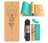 Haninj Cork Yoga Mat Non Slip Unique Design Natural Cork Tpe Material Fitness Exercise Mat with Carry Bag and Strap For Home, Pilates,Aerobic,Gym & Workout 72 X 24 (Green-Lotus)