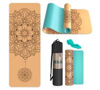 Haninj Cork Yoga Mat Non Slip Unique Design Natural Cork Tpe Material Fitness Exercise Mat with Carry Bag and Strap For Home, Pilates,Aerobic,Gym & Workout 72 X 24 (Turquoise-Mandala)
