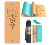 Haninj Cork Yoga Mat Non Slip Unique Design Natural Cork Tpe Material Fitness Exercise Mat with Carry Bag and Strap For Home, Pilates,Aerobic,Gym & Workout 72 X 24 (Turquoise-Lotus)