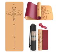 Haninj Cork Yoga Mat Non Slip Unique Design Natural Cork Tpe Material Fitness Exercise Mat with Carry Bag and Strap For Home, Pilates,Aerobic,Gym & Workout 72 X 24 (Red-Dragonfly)