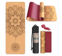 Haninj Cork Yoga Mat Non Slip Unique Design Natural Cork Tpe Material Fitness Exercise Mat with Carry Bag and Strap For Home, Pilates,Aerobic,Gym & Workout 72 X 24 (Red-Mandala)