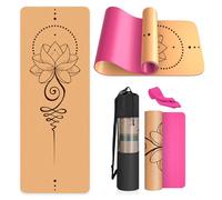 Haninj Cork Yoga Mat Non Slip Unique Design Natural Cork Tpe Material Fitness Exercise Mat with Carry Bag and Strap For Home, Pilates,Aerobic,Gym & Workout 72 X 24 (Pink-Lotus)