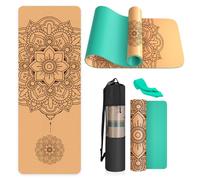 Haninj Cork Yoga Mat Non Slip Unique Design Natural Cork Tpe Material Fitness Exercise Mat with Carry Bag and Strap For Home, Pilates,Aerobic,Gym & Workout 72 X 24 (Green-Mandala)