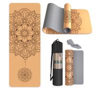 Haninj Cork Yoga Mat Non Slip Unique Design Natural Cork Tpe Material Fitness Exercise Mat with Carry Bag and Strap For Home, Pilates,Aerobic,Gym & Workout 72 X 24 (Grey-Mandala)