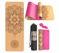 Haninj Cork Yoga Mat Non Slip Unique Design Natural Cork Tpe Material Fitness Exercise Mat with Carry Bag and Strap For Home, Pilates,Aerobic,Gym & Workout 72 X 24 (Pink-Mandala)