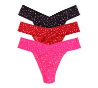 hanky panky - Daily Lace Original Rise Thongs for Women 3 Pack | One Size (4-14) | Lacy thong underwear, lingerie panties, Siesta, Berry Sangria/Pink Sapphire, Black/Tulip Pink, One size