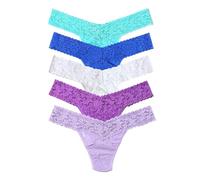 Hanky Panky Women's Signature Lace Low Rise Thong 5-Pack, Tempting Turquoise/Sapphire Blue/White/Twilight Purple/Hyacinth