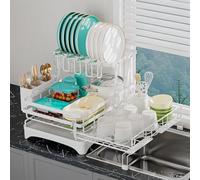 HANLE 2 Tier Large Dish Drying Rack - Extendable Dish Rack, 2-in-1 Anti-Rust Stainless Steel Dishrack for Kitchen Counter and Sink, Dish Strainer with Utensil Holder & Cup Holder(White)