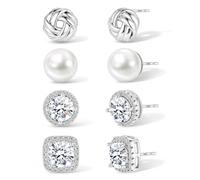 HANLI 4 Pairs 925 Sterling Silver Stud Earrings for Women Set Hypoallergenic Big Simulated Pearl Love Knot Brilliant Cubic Zirconia CZ Halo Stud Earrings for Sensitive Ears Jewellery