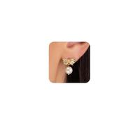 HANLI Gold Bow Stud Earrings for Women Hypoallergenic 14K Gold Plated Pearl Drop Dangle Earring Trendy Simple Jewelry