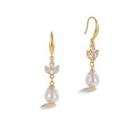 HANLI Gold Pearl Earrings for Women-S925 Sterling Silver Dainty Pearl Drop Simple Wedding CZ Dangle Dangling Cute Stud Earrings for Brides Earrings for Women Gifts