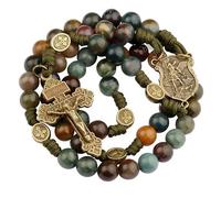 HanlinCC 10mm Natural Stone Beads Handmade Saint Michael Paracord Rosary Necklace with Religious Pouch, L, Metal, Tigers Eye