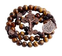 HanlinCC 10mm Natural Stone Beads Handmade Saint Michael Paracord Rosary Necklace with Religious Pouch, L, Metal, Tigers Eye