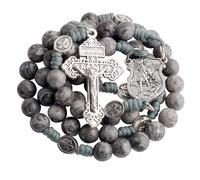 HanlinCC 10mm Natural Stone Beads Handmade Saint Michael Paracord Rosary Necklace with Religious Pouch, L, Metal, Tigers Eye