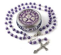 HanlinCC 6mm Glass Pearl Prayer Beads First Communion Rosary with Chalice Center Piece and Crucifix in Anti-Silver Plated Pack in Holy Cup Metal Gift Box, 19.3 inches, Glass, Pearl
