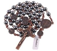 HanlinCC 6mm Hematite Stone Black Beads with Antique Copper Plated St.Benedict Center Piece Medal and Crucifix Cross Catholic Rosary Necklace for Men and Women with Black Velvet Bag
