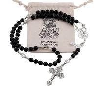 HanlinCC Black Lave Stone Beads Saint Michael Catholic Rosary Necklace with Gift Bag, 46cm length, Zinc, No Gemstone