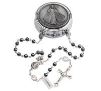HanlinCC Divine Mercy Glass Pearl and Hematite Beads Catholic Rosary Necklace with Steel Gift Box for Men and Women, 53cm length, Zinc, No Gemstone
