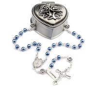 HanlinCC Glass Pearl Beads Miraculous Catholic Rosary Necklace with Rose Heart Box for Men and Women, 52 cm Length, Zinc, No Gemstone