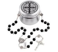 HanlinCC Lava and Hematite Stone Beads Saint Benedict Rosary Necklace with Catholic Titanium Steel Box for Men and Women, 60cm length, Zinc, No Gemstone
