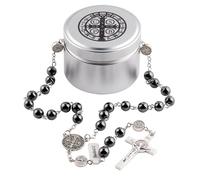 HanlinCC Lava and Hematite Stone Beads Saint Benedict Rosary Necklace with Catholic Titanium Steel Box for Men and Women, 60cm length, Zinc, No Gemstone
